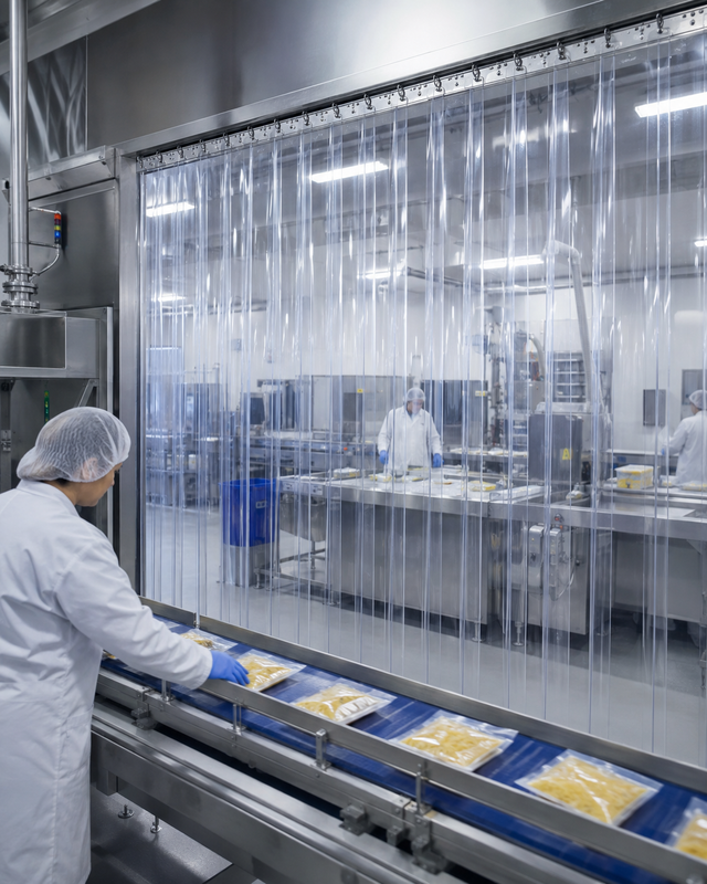 Cortina industrial flexível utilizada para isolamento e organização de área produtiva