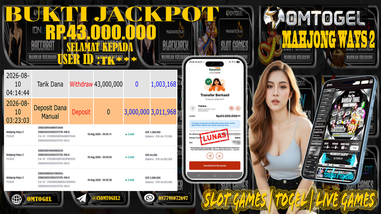 OMTOGEL JACKPOT PG SOFT MAHJONG WAYS 2  Rp,43,000,000,- DIBAYAR LUNAS