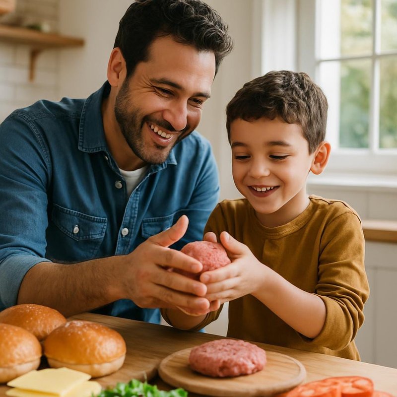 Hambúrguer caseiro com queijo derretido e alface, servido com batatas rústicas