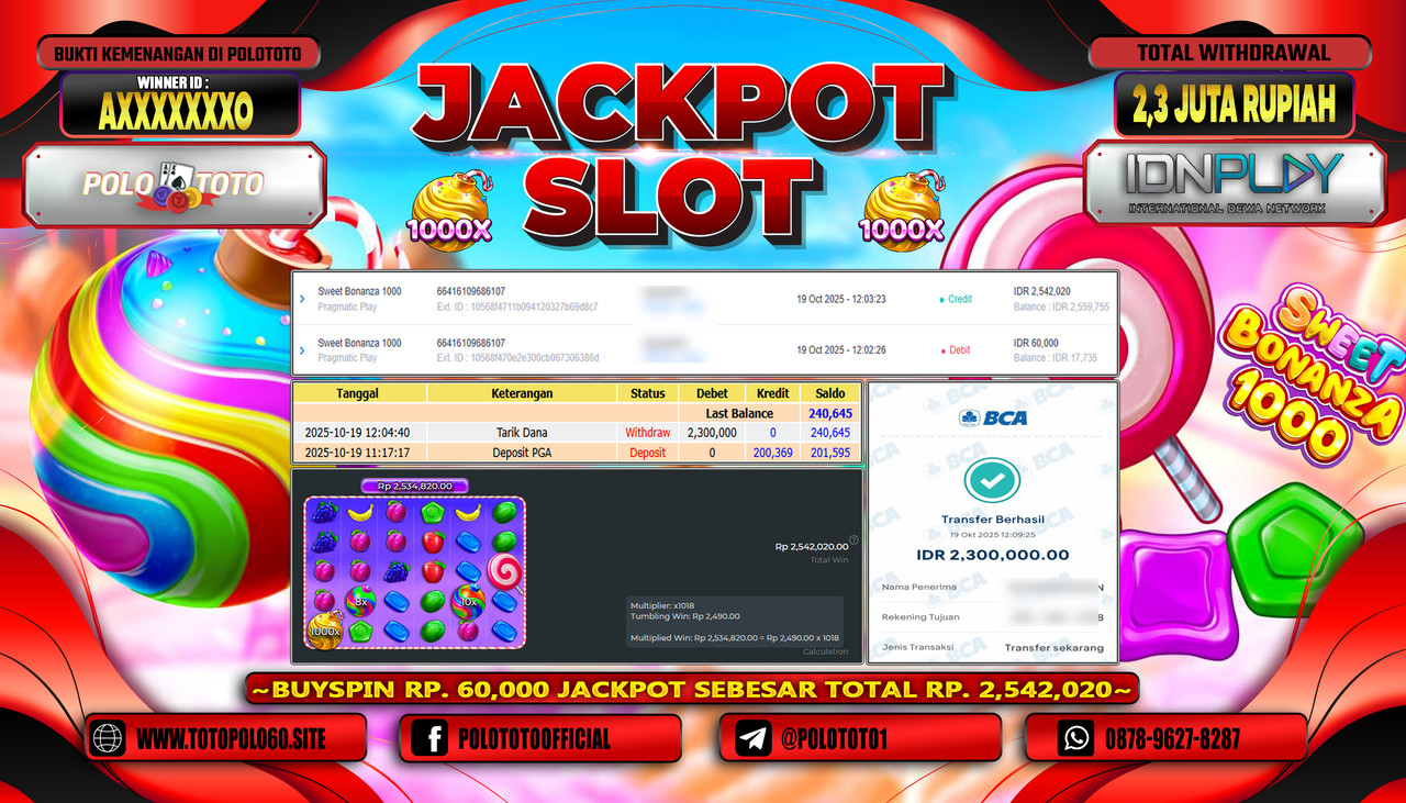 POLOTOTO JACKPOT SLOT SWEET BONANZA 1000 Rp.2.300.000,- LUNAS