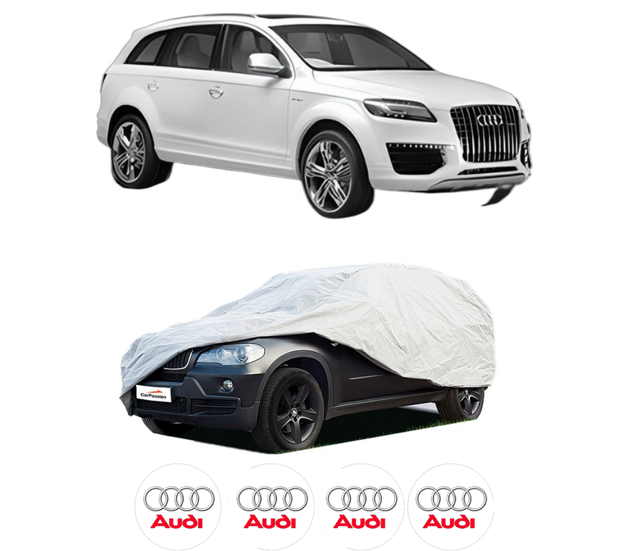 Husa tip prelata auto pentru AUDI Q7 (4LB) din 2006-2015, Culoare Gri, material textil impermeabil, rezistanta la intemperii praf UV, CARPASSION Husa Protectie, 4 Stickere auto cu AUDI