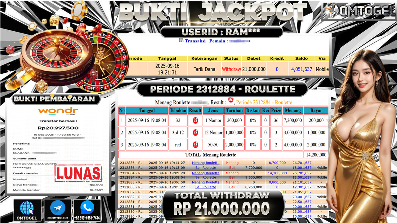 OMTOGEL JACKPOT LIVE GAMES ROULETTE 21 JUTA DI BAYAR LUNAS ,-