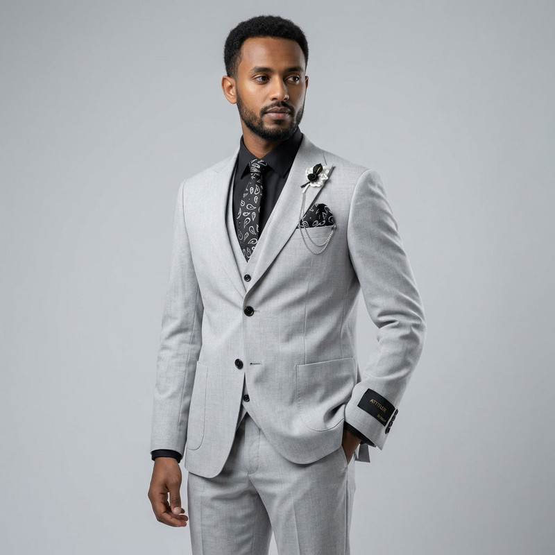 Man in classic double-breasted navy pinstripe suit with pocket square
