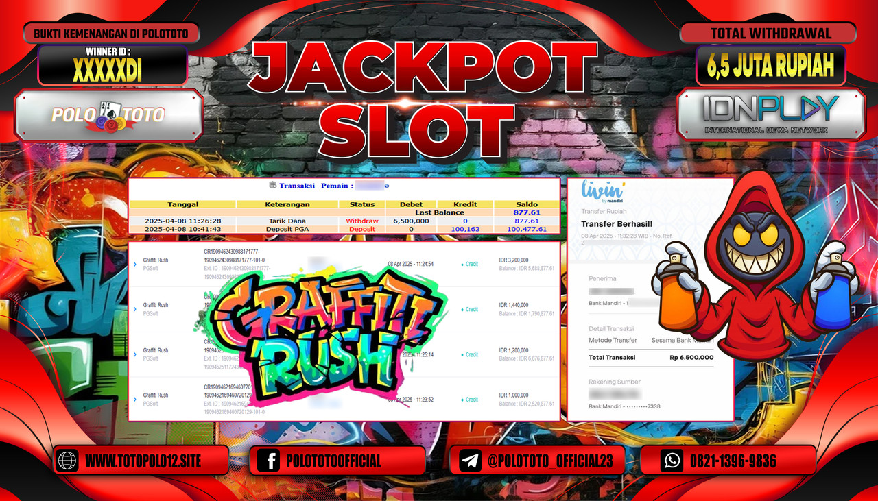 POLOTOTO JACKPOT SLOT GRAFFITI RUSH Rp.6.500.000,-