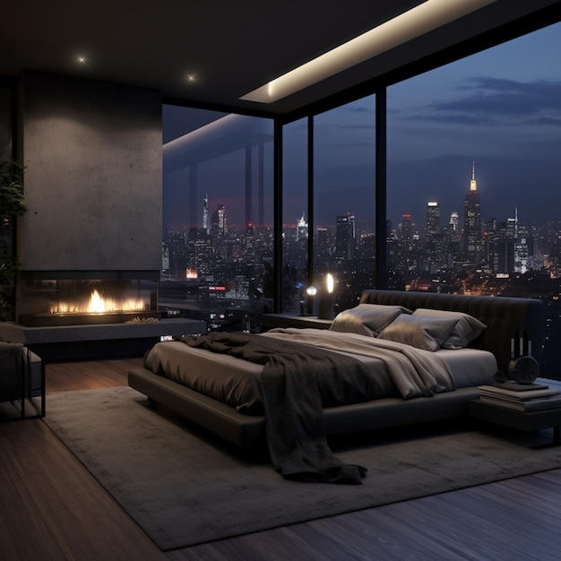 arafed-bedroom-with-view-city-night-generative-ai-974533-6057