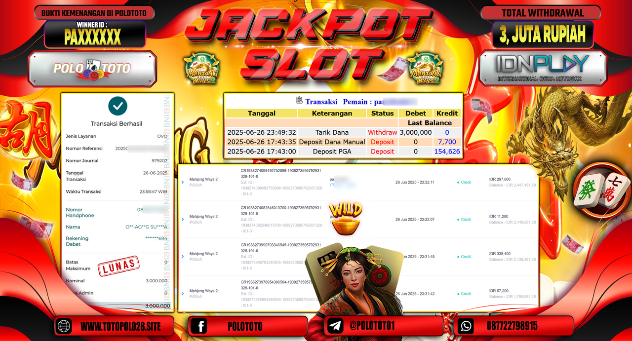 POLOTOTO JACKPOT SLOT MAHJONG WAYS 2 Rp.3.000.000,-