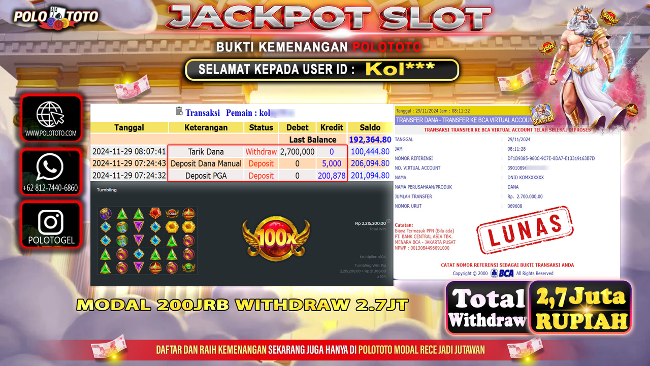 POLOTOTO JACKPOT SLOT GATES OF OLYMPUS Rp.2,700.000,-