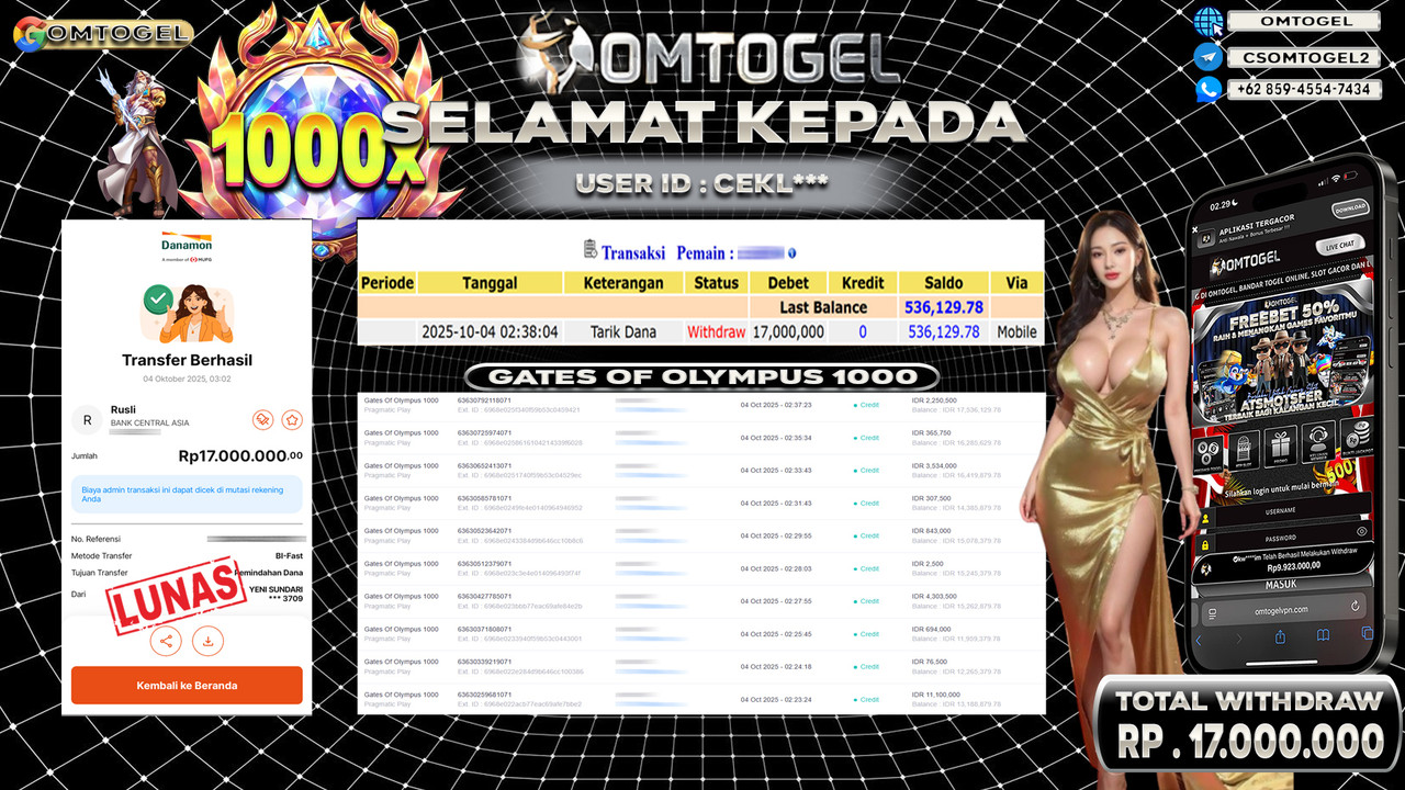 OMTOGEL JACKPOT PRAGMATIC PLAY GATES OF OLYMPUS 1000 17 JUTA DI BAYAR LUNAS ,-