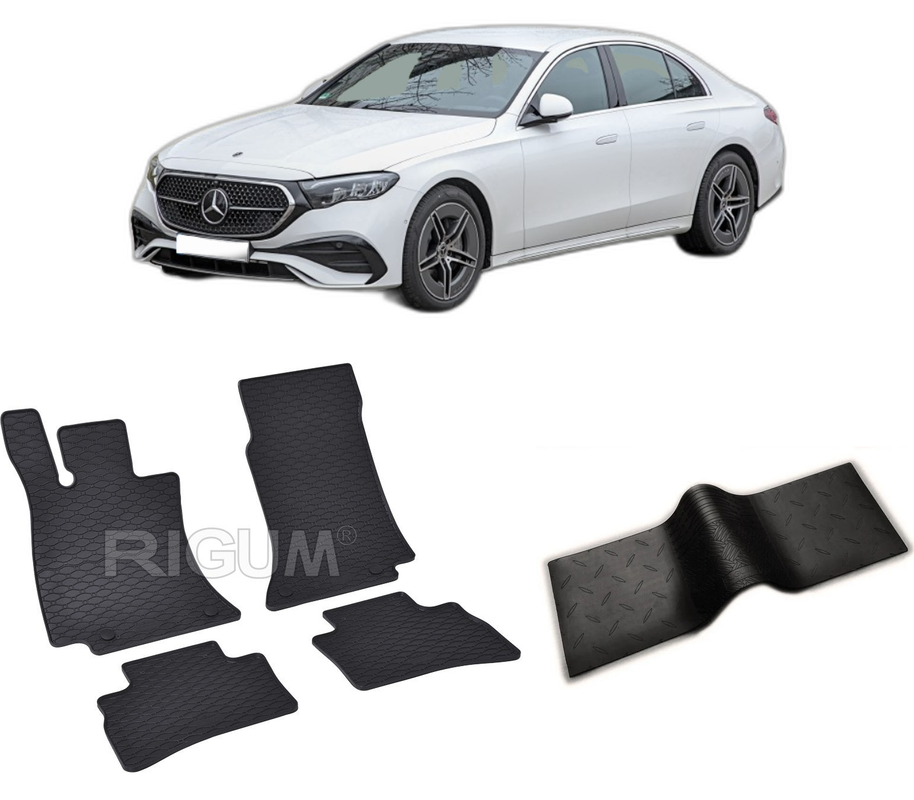 Set covorase auto MERCEDES E-CLASS W214 din 05.2023-PREZENT, cu covoras tunel median, CAROSERIE SEDAN, Presuri cauciuc 100%, compatibil cu autoturismul MERCEDES E-CLASS W214, Rigum
