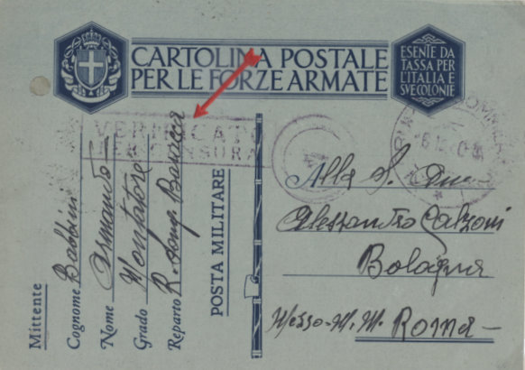 Tarjeta postal, remitida desde el Maggiore Baracca Tarjeta postal, remitida desde el Maggiore Baracca