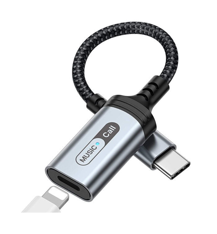 Adaptador USB-C macho a Lightning hembra para audio.
