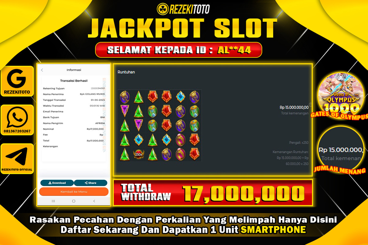 BUKTI KEMENANGAN 01 JUNI 2025 GATES OF OLYMPUS 1000 WD 17 JUTA 