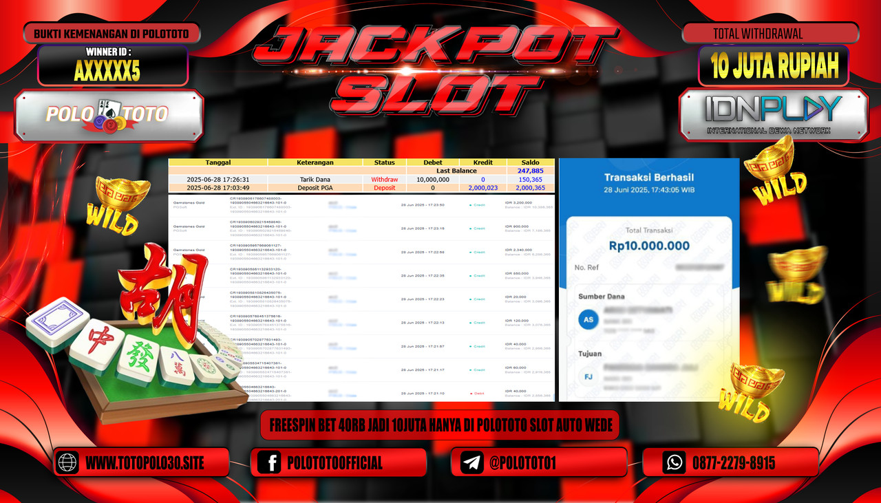POLOTOTO JACKPOT SLOT GEMSTONES GOLD Rp.10.000.000,- LUNAS