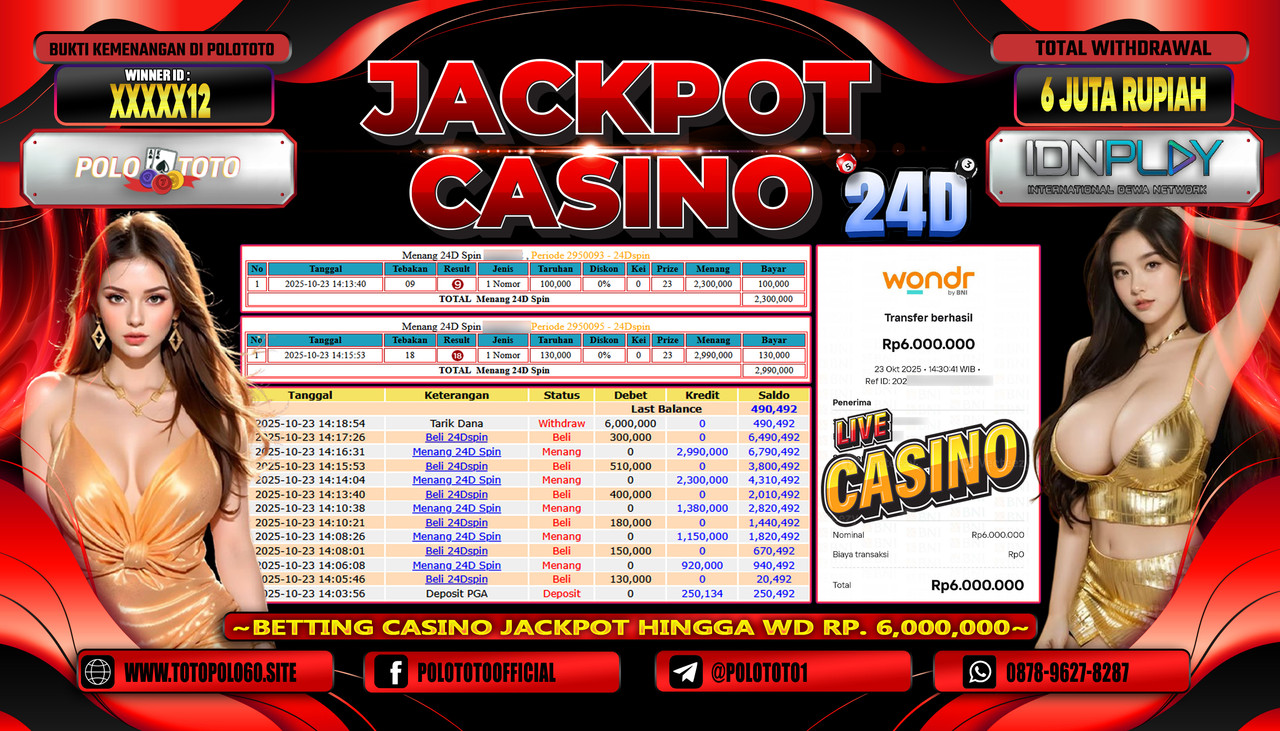 POLOTOTO JACKPOT CASINO 24D SPIN Rp.6.000.000,- LUNAS