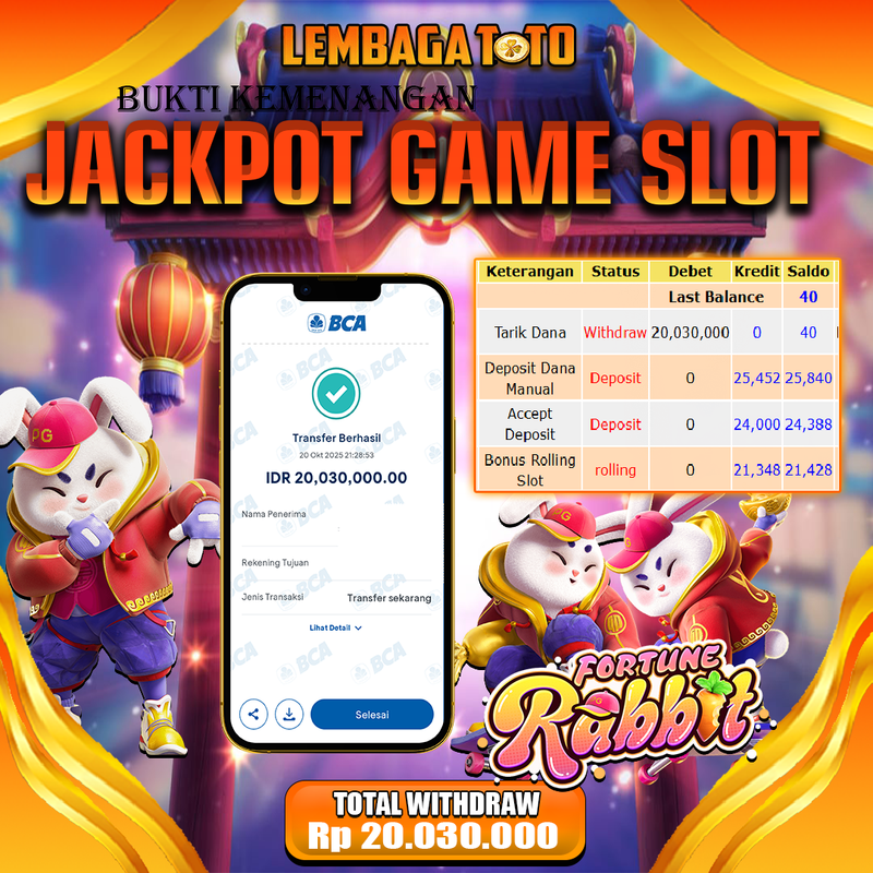 BUKTI JACKPOT 21 OCTOBER LEMBAGATOTO FORTUNE RABBIT Rp.20.030.500,- LUNAS