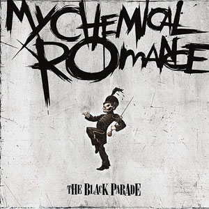 The Black Parade album cover. The band logo, written in a messy scrawl, covers the top half of the cover. The lower half features a skeleton in a military-like parade outfit, marching ahead.