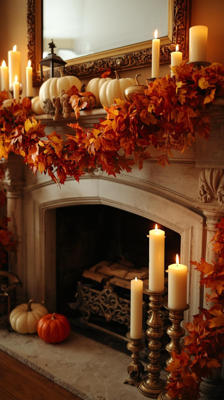Cheminee decoree pour Halloween guirlande de feuilles d automne sur le manteau citrouilles blanch