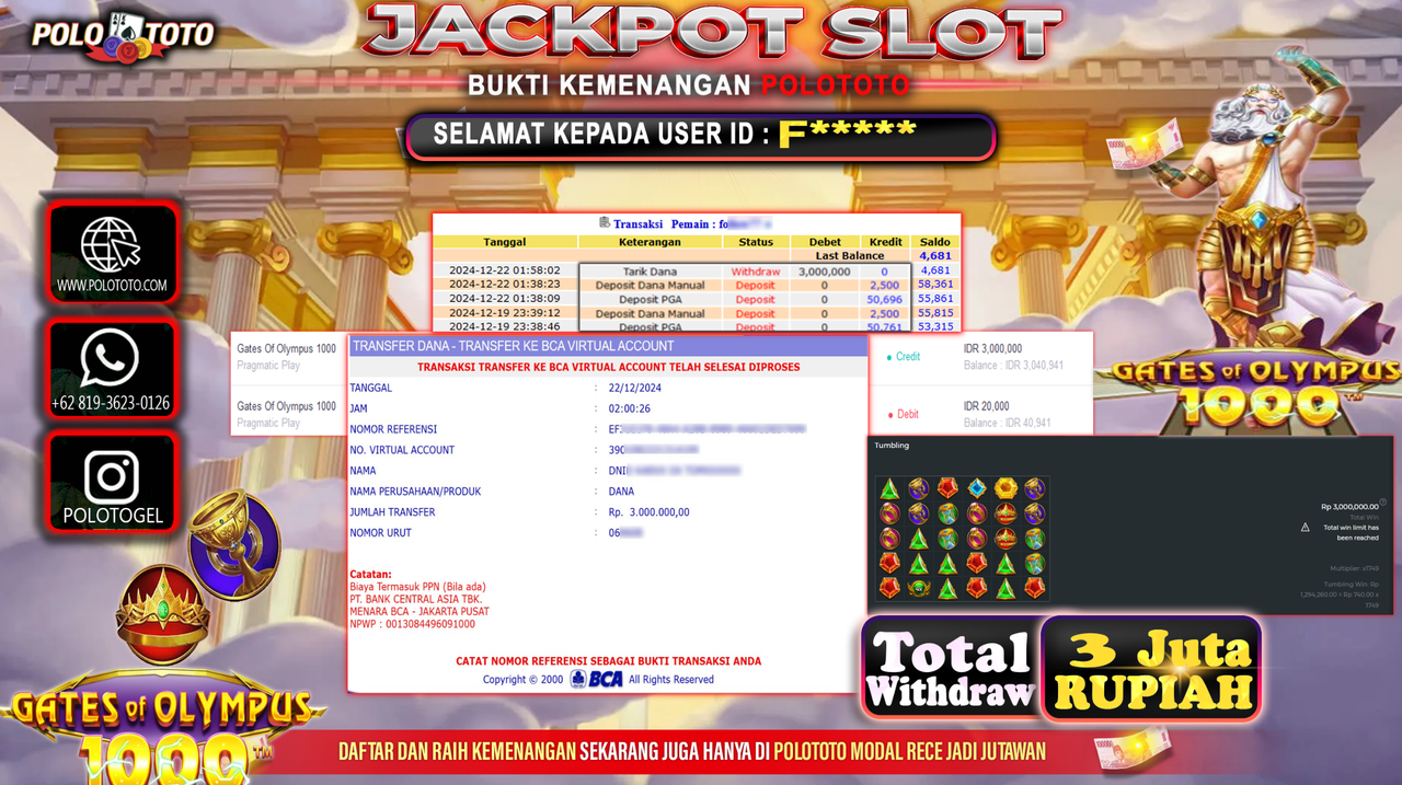 POLOTOTO JACKPOT SLOT GATES OF OLYMPUS 1000 Rp.3,000.000,-