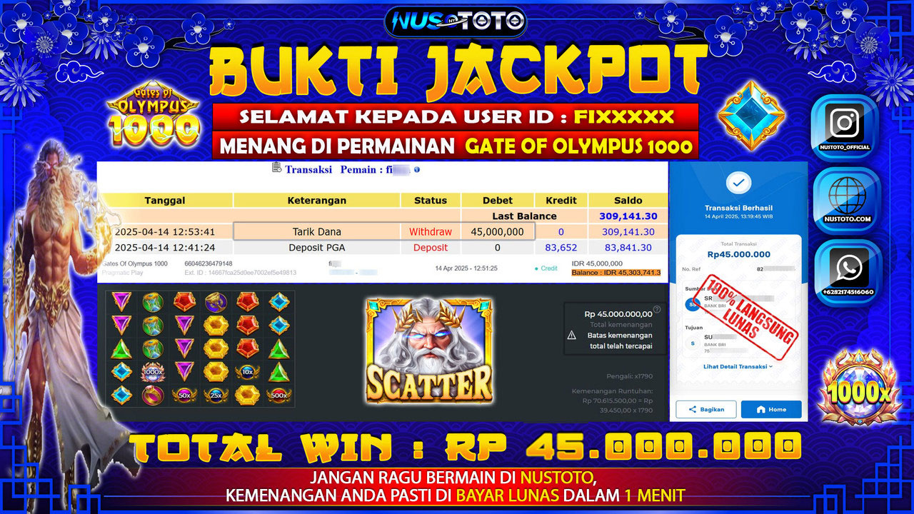 JACKPOT !! MENANG BESAR DI SLOT GATES OF OLYMPUS 1000 Rp. 45.000.000 LANGSUNG DI BAYAR LUNAS NUSTOTO !!