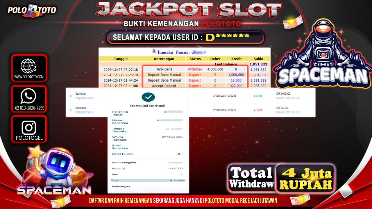 POLOTOTO JACKPOT SLOT SPACEMAN Rp.4,000.000,-
