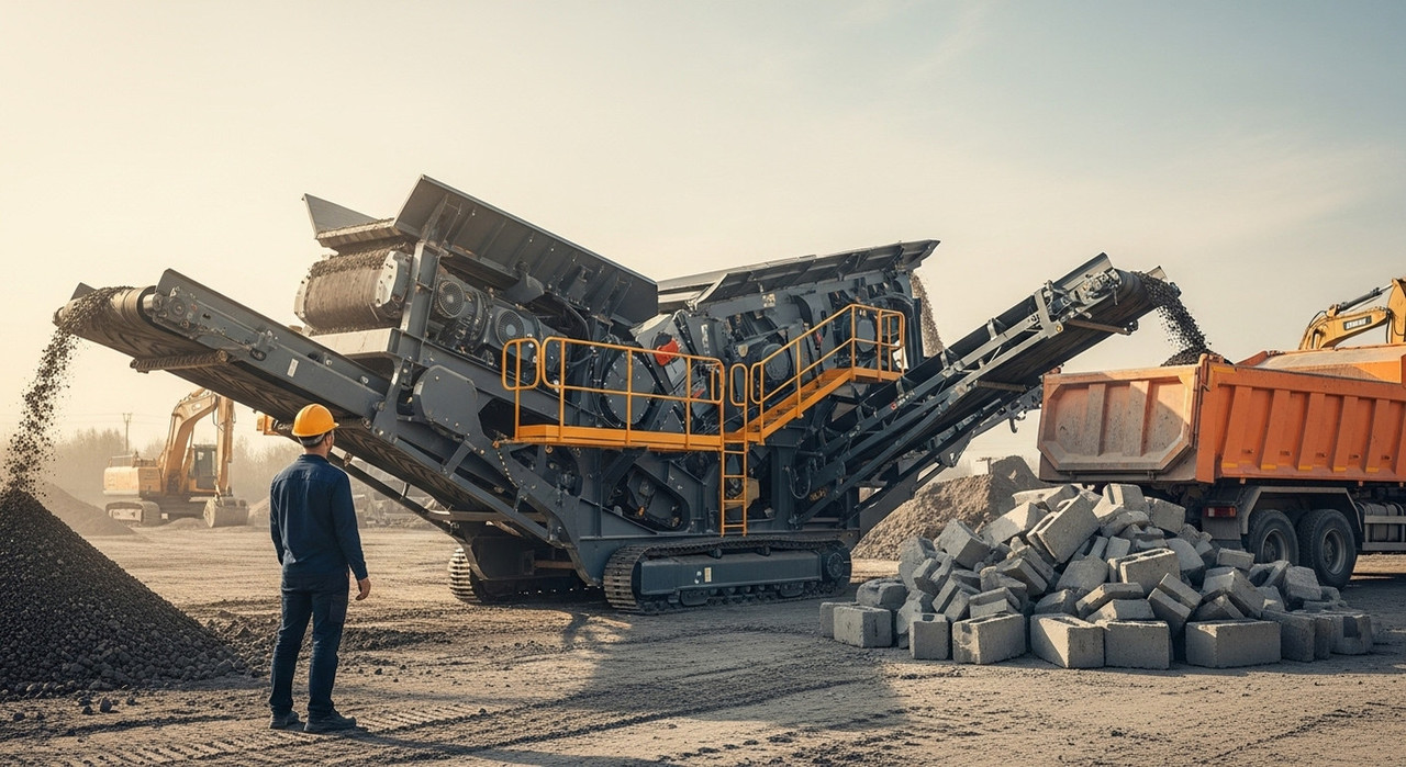Дробильная установка на строительной площадке перерабатывает бетонные блоки