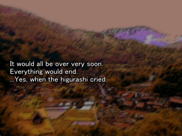 still image from the original higurashi novel showing the sun setting over the town of hinamiziwa while keiichi thinks to himself “It would all be over very soon. Everything would end. …Yes, when the higurashi cried.
