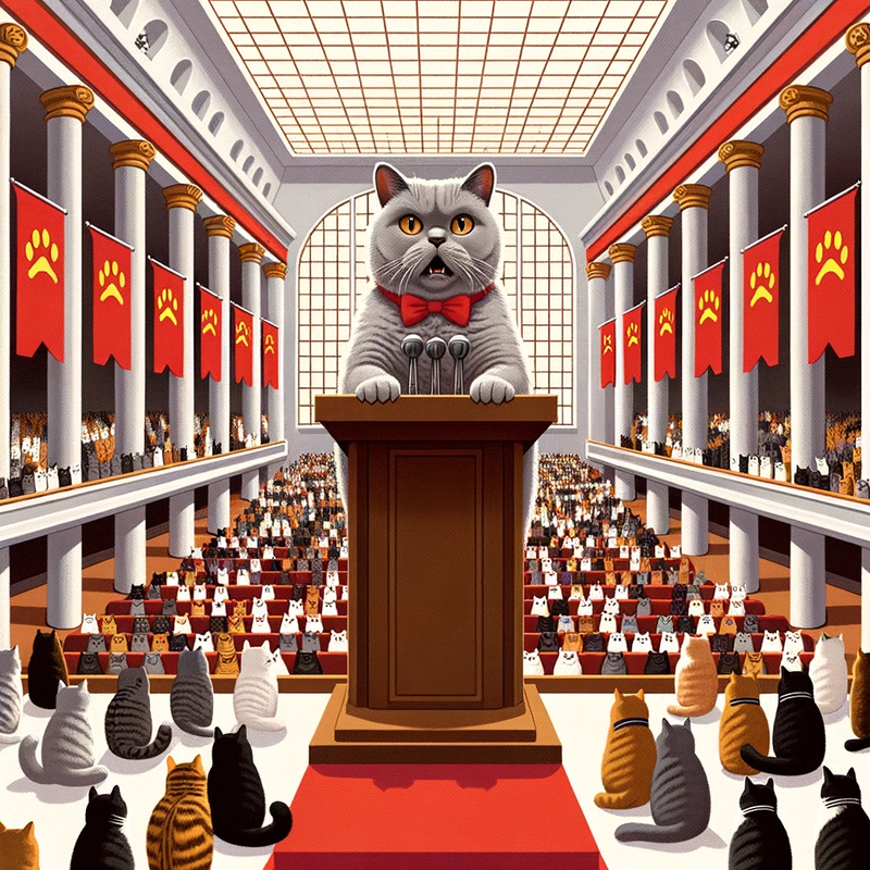 DALL-E-2023-10-24-19-30-46-Illustration-of-a-gray-British-Shorthair-cat-standing-on-a-grand-podium.png
