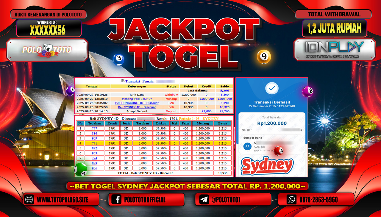 POLOTOTO JACKPOT TOGEL POOL SYDNEY Rp.1.200.000,- LUNAS