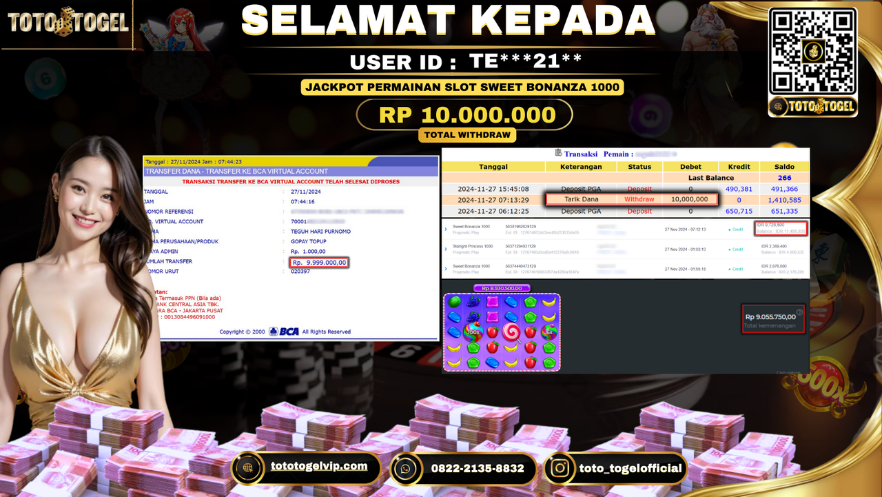 Bukti Pembayaran Jackpot Permainan Slot Sweet Bonanza 1000 ID: TE***21** LUNAS 