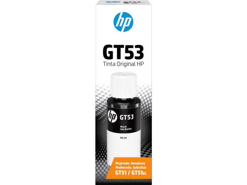 Botella de tinta original HP GT53 de 90ml en color negro.