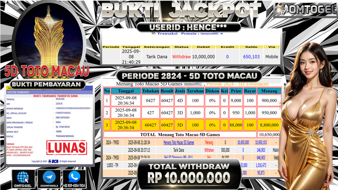 OMTOGEL JACKPOT TOTO MACAU 5D MODE 5D 4D 3D 10 JUTA DI BAYAR LUNAS ,-
