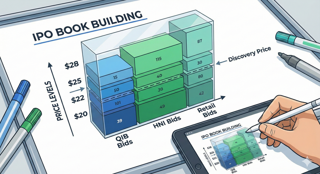 Illustration showing IPO book building with bids at different price levels