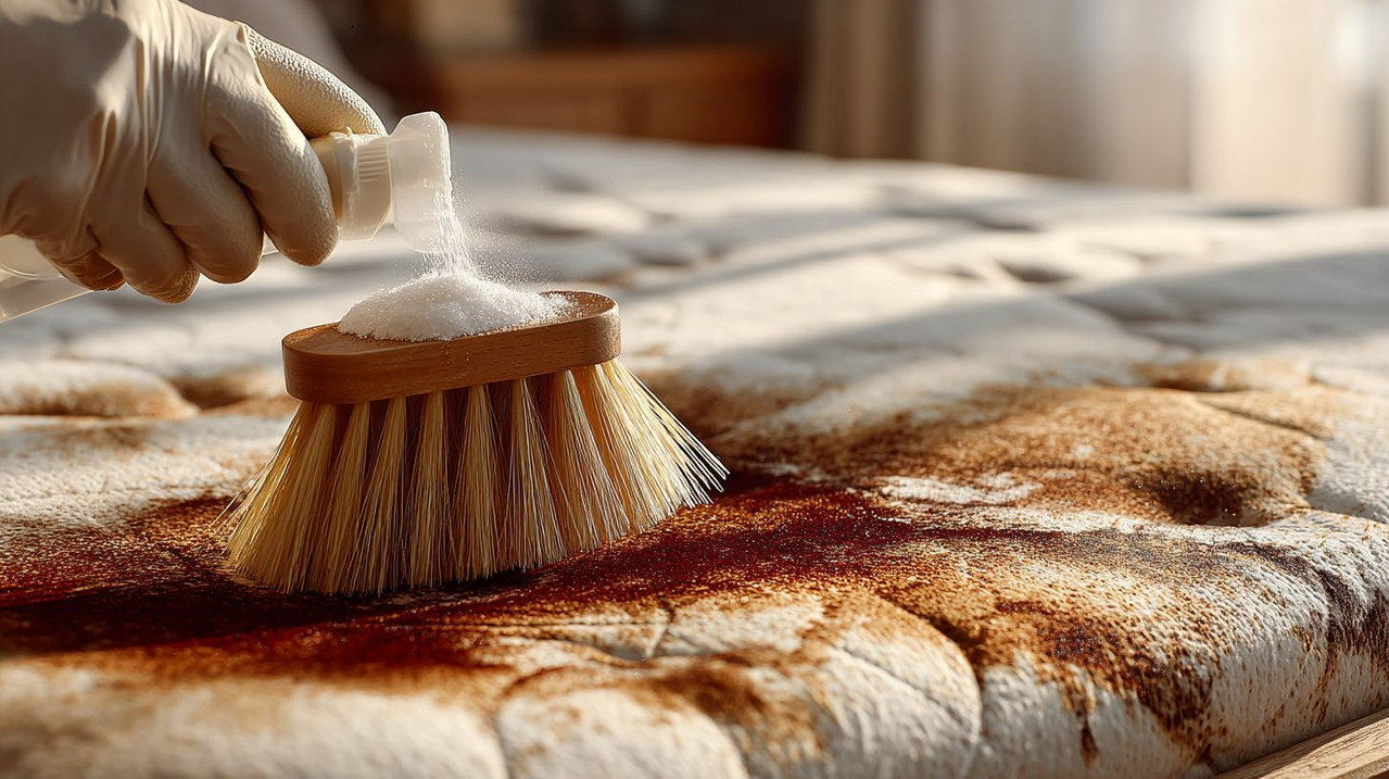 Процесс удаления пятен с матраса содой и уксусом