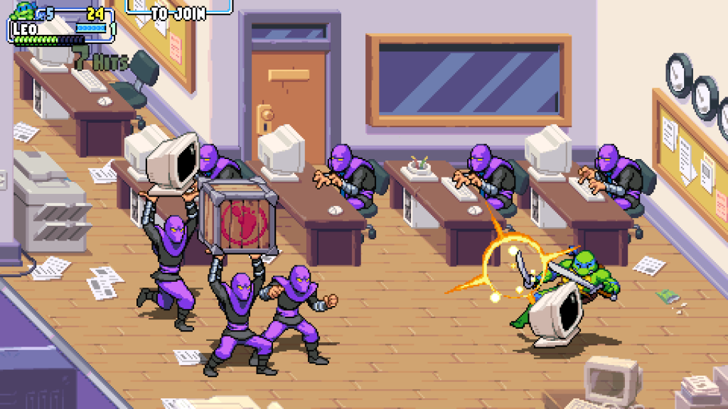 A visual gag during gameplay where a member of the foot clan types away on a computer with a missing monitor.