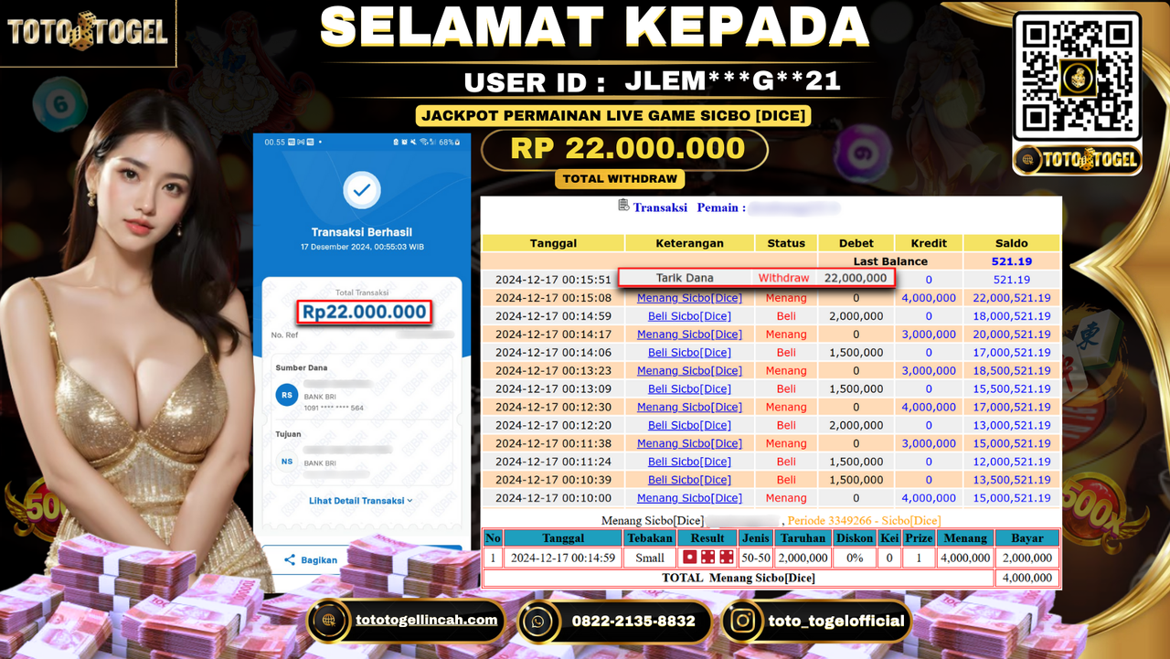 Bukti Pembayaran Jackpot Permainan Live Game Sicbo [Dice] ID: JLEM***G**21 LUNAS