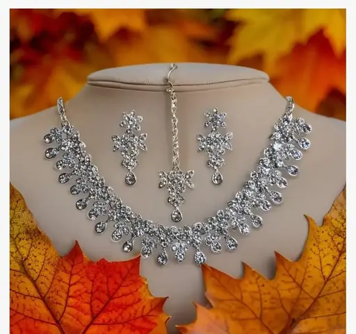 Silver Plated Necklace Set With White American Diamond Color 1 (A104)