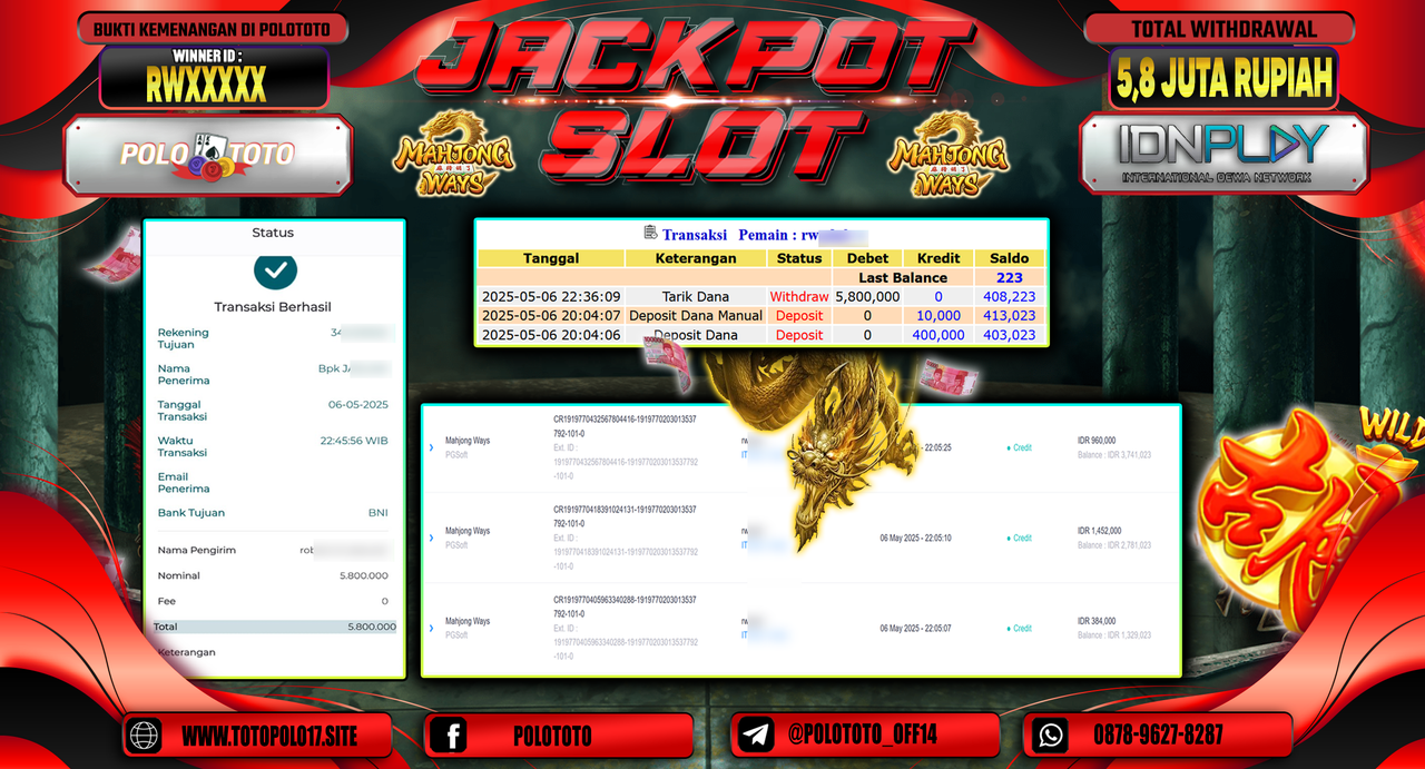 POLOTOTO JACKPOT SLOT MAHJONG WAYS Rp.5.800.000,-