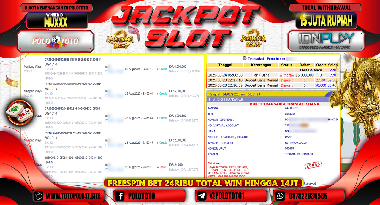 POLOTOTO JACKPOT SLOT MAHJONG WAYS Rp.15.000.000,-