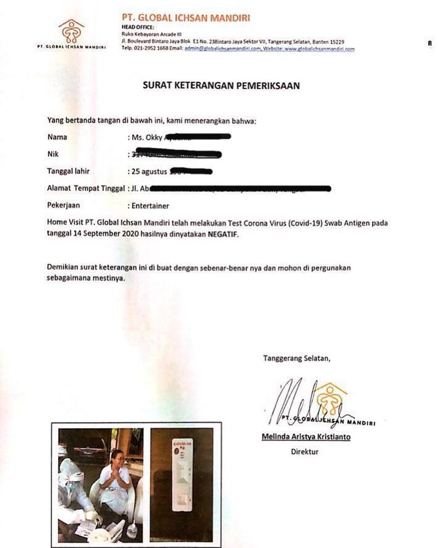 Hasil tes swab Okky Lukman