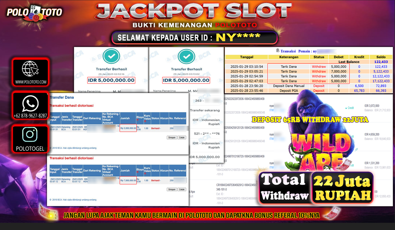 POLOTOTO JACKPOT SLOT WILD APE Rp.22,000.000,-