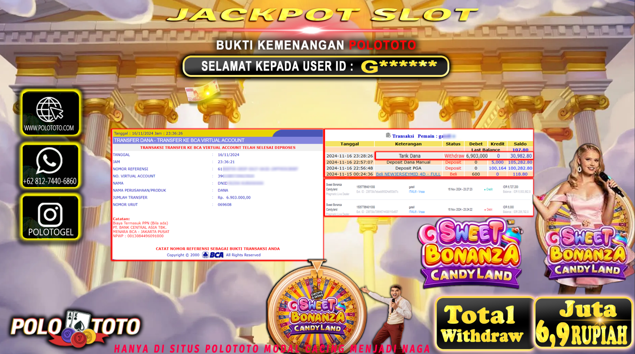 POLOTOTO JACKPOT SLOT SWEET BONANZA CANDYLAND Rp.6.900.000,- 