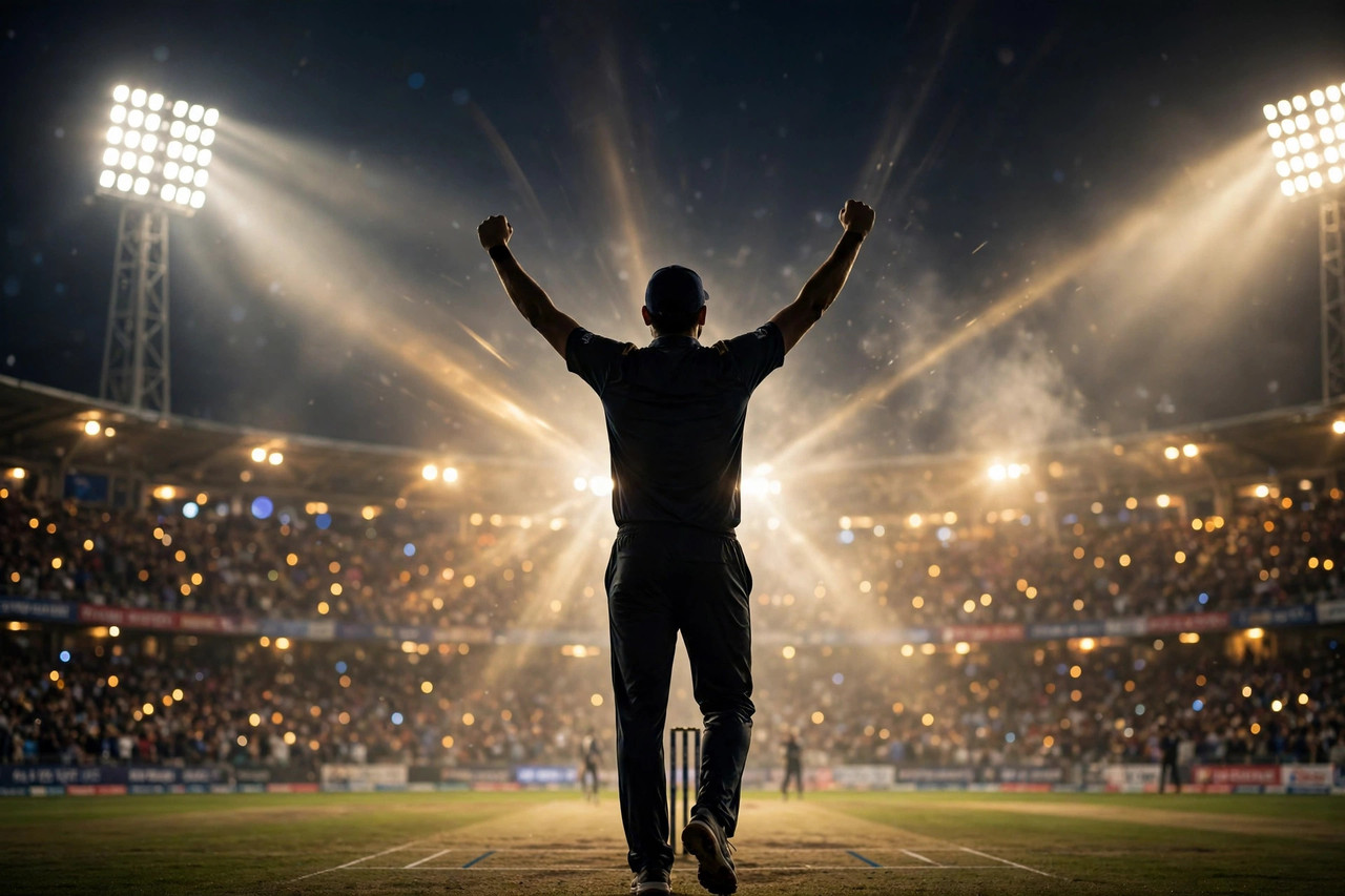Rear silhouette of a spinner celebrating with arms raised in a floodlit night ODI