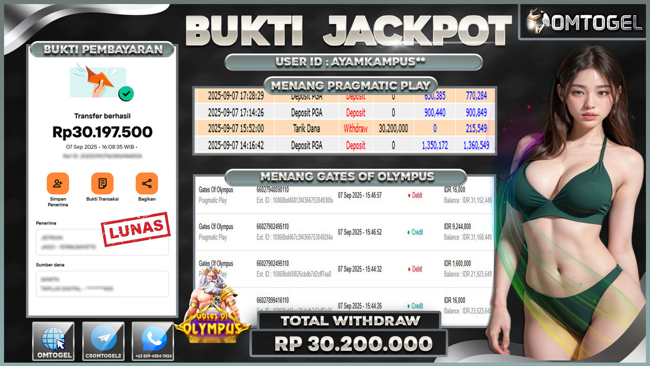 OMTOGEL JACKPOT PRAGMATIC PLAY GATES OF OLYMPUS 30 JUTA DI BAYAR LUNAS ,-