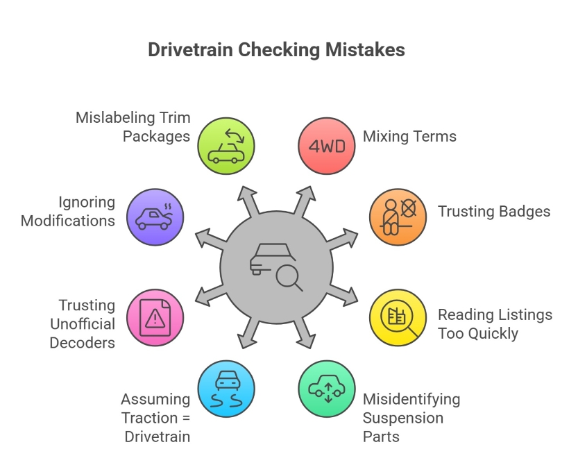 infographic showing common mistakes people make when checking whether a car is AWD or FWD