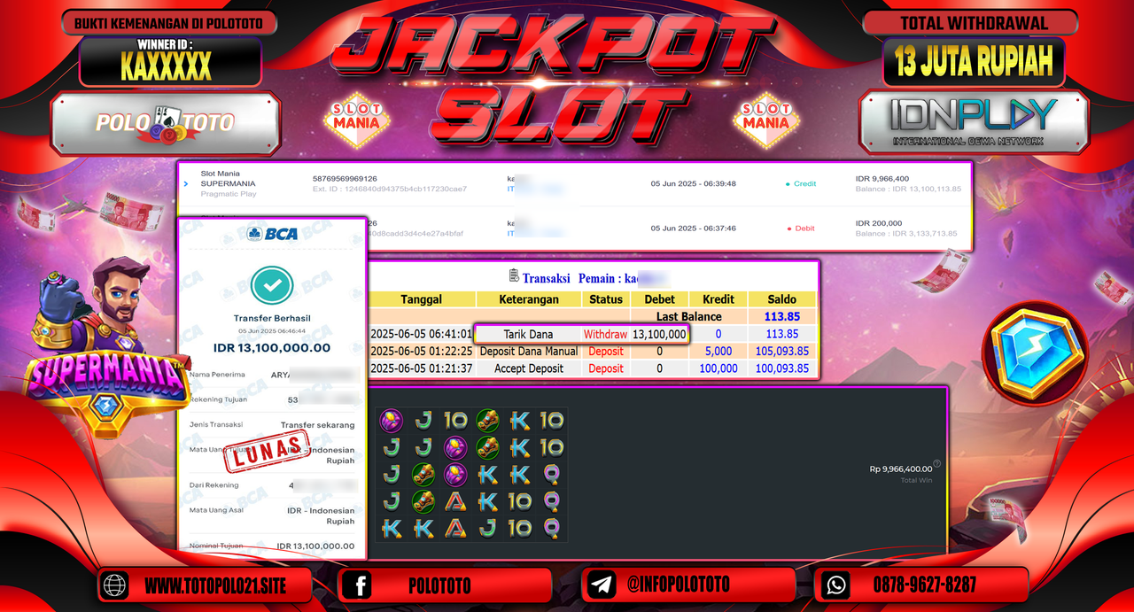 POLOTOTO JACKPOT SLOT MANIA SUPERMANIA Rp.13.100.000,-