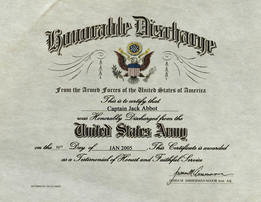 Jack's honorable discharge certificate for leaving the army