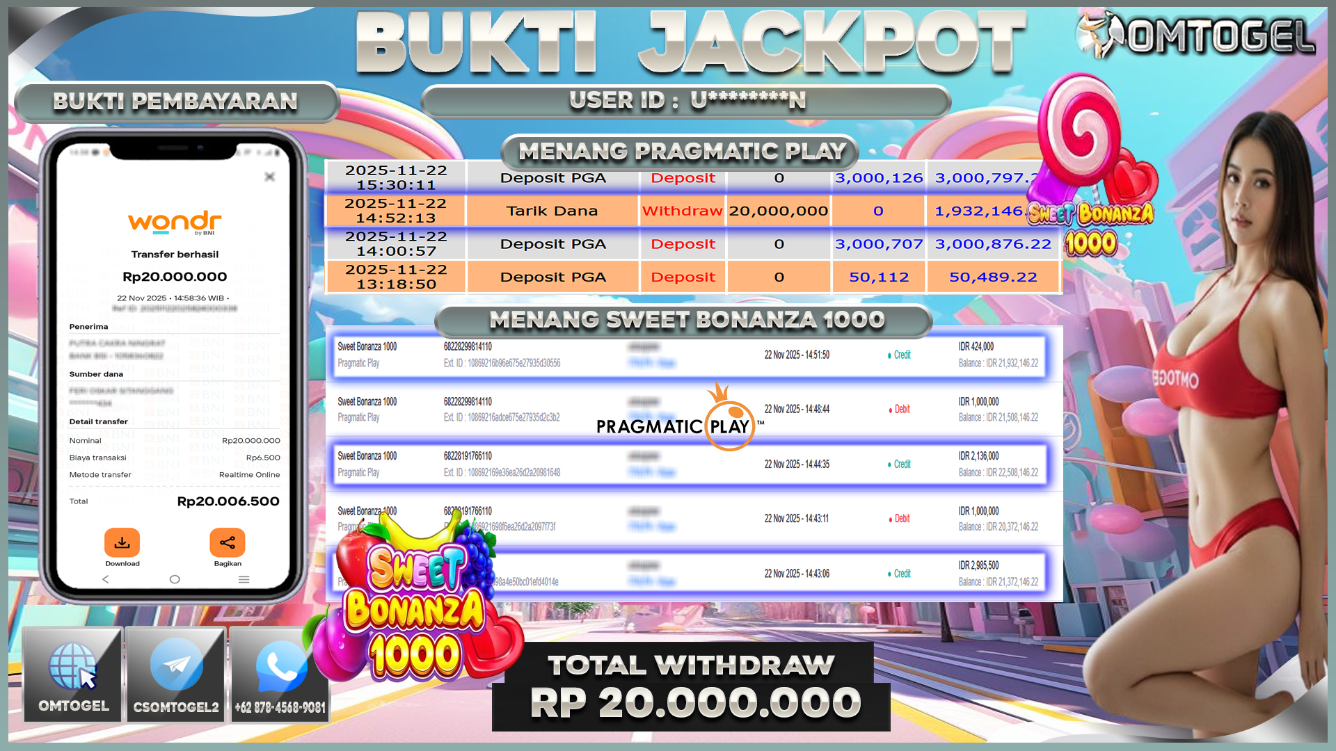 OMTOGEL JACKPOT PRAGMATIC PLAY SWEET BONANZA 1000  ,20JUTA DI BAYAR LUNAS ,-