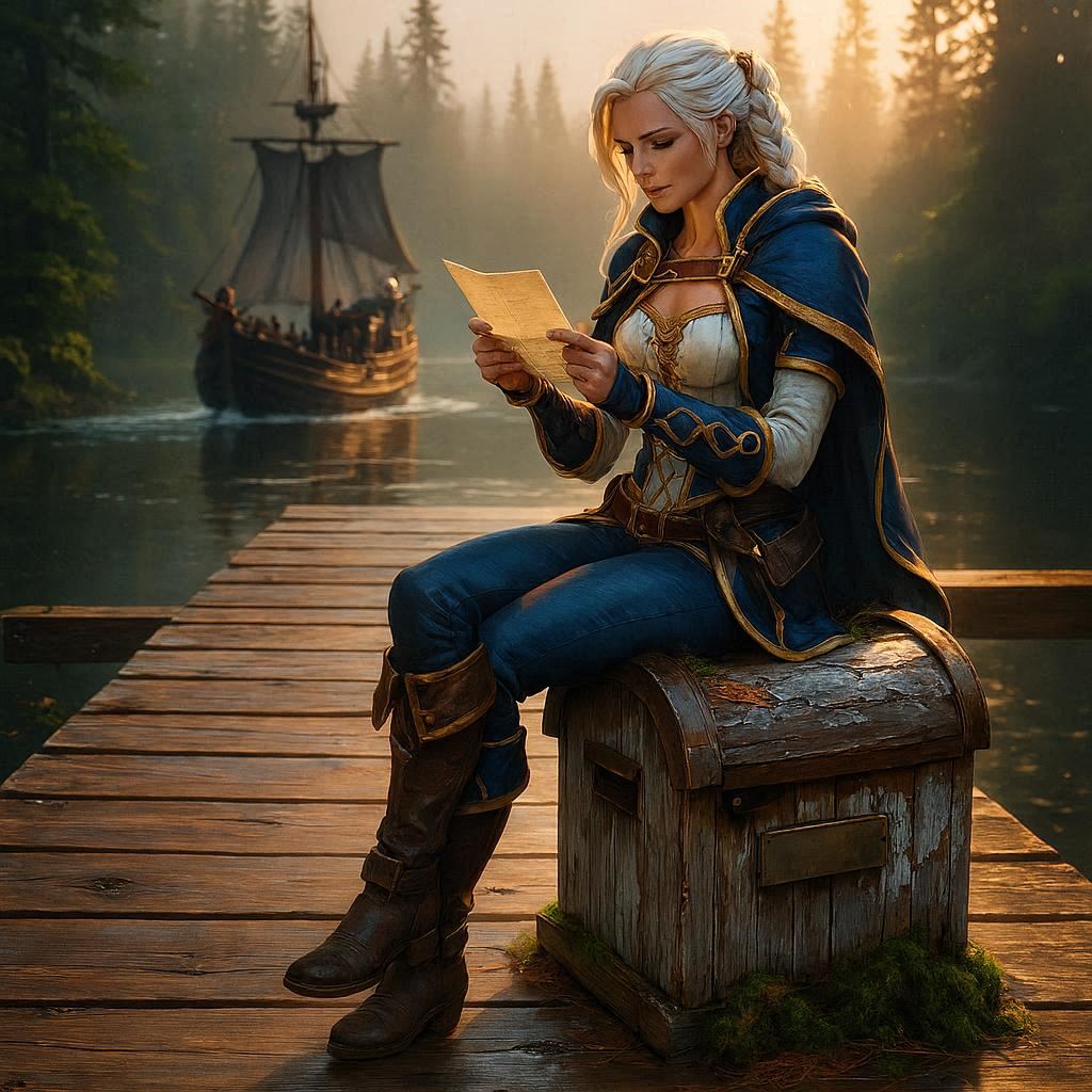 Archimage Jaina Proudmoore lisant du courrier sur un dock dans la forêt