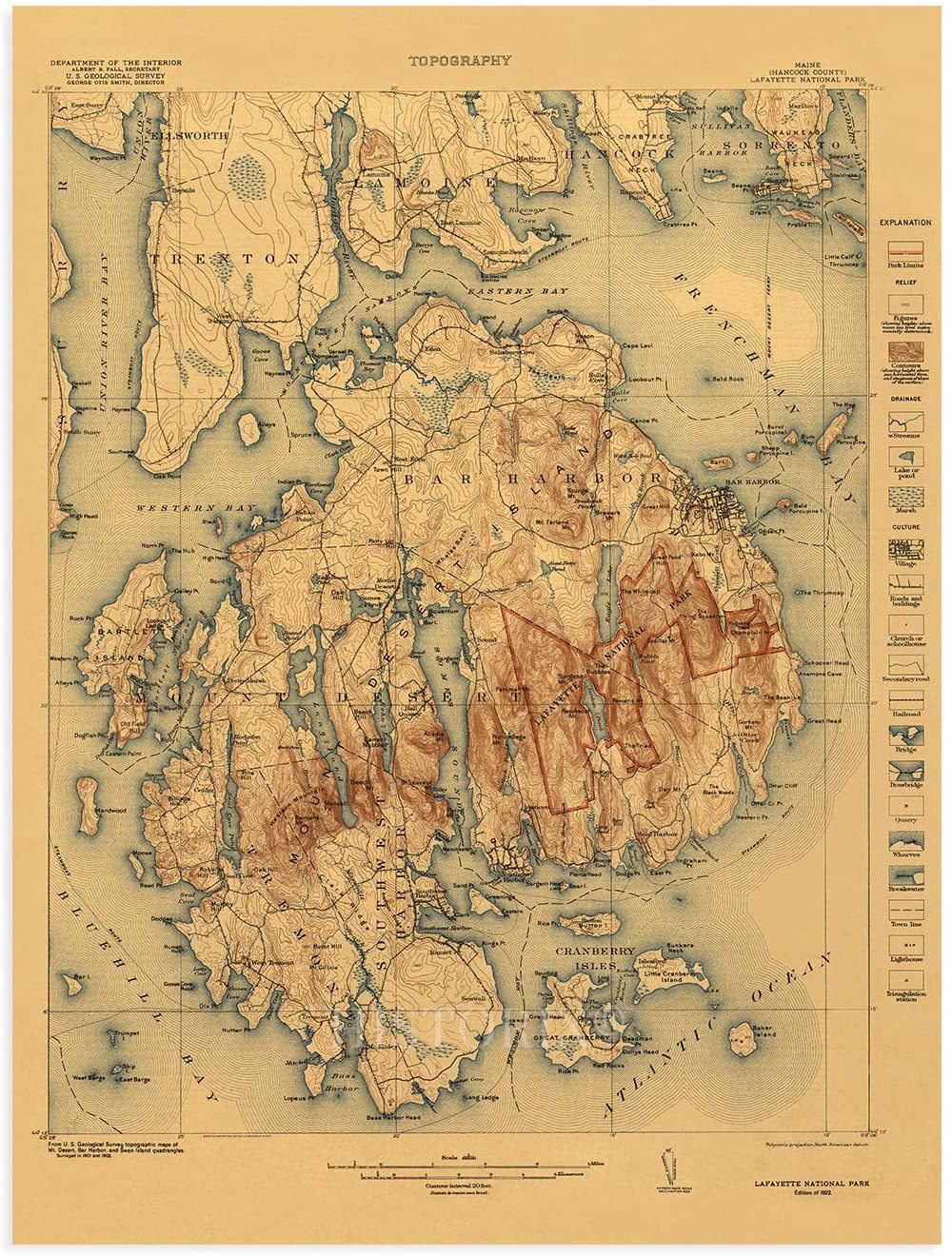 1922 Acadia National Park Map Print Vintage Acadia Maine Wall Art
