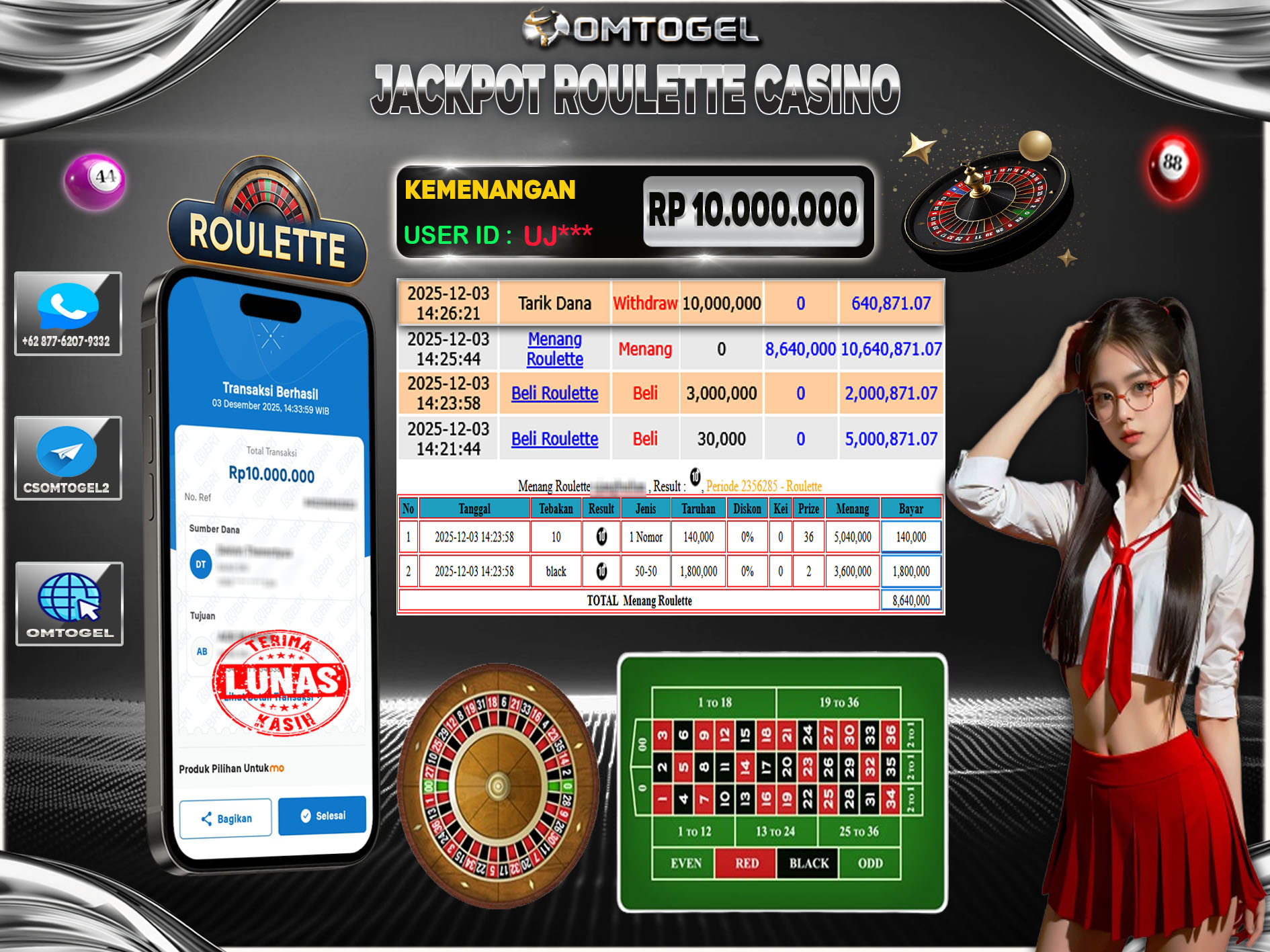 OMTOGEL JACKPOT LIVE GAMES ROULETTE ,10 JUTA DI BAYAR LUNAS ,-